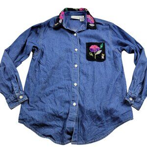 Susan Bristol Denim Shirt Womens Medium Embroidered Floral Button Up Retro
